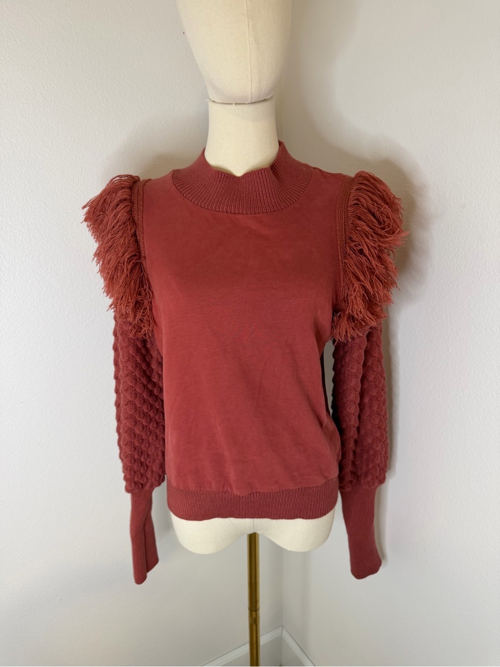 Anthropologie DOLAN Rust Fringed Sweater Bubble Quilted Size Small - Picture 2 of 8
